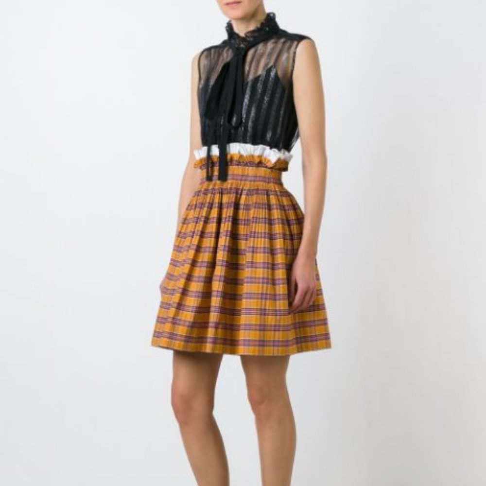 Nº21 Ruffled Waist Pleated Paperbag Check Skirt